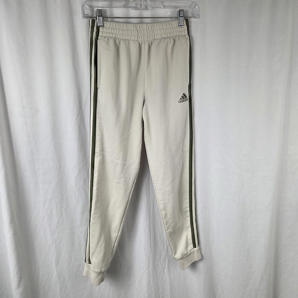 Adidas Pants Kids 10-12 White Fleece Side Stripe Ankle Joggers Sweatpants Logo